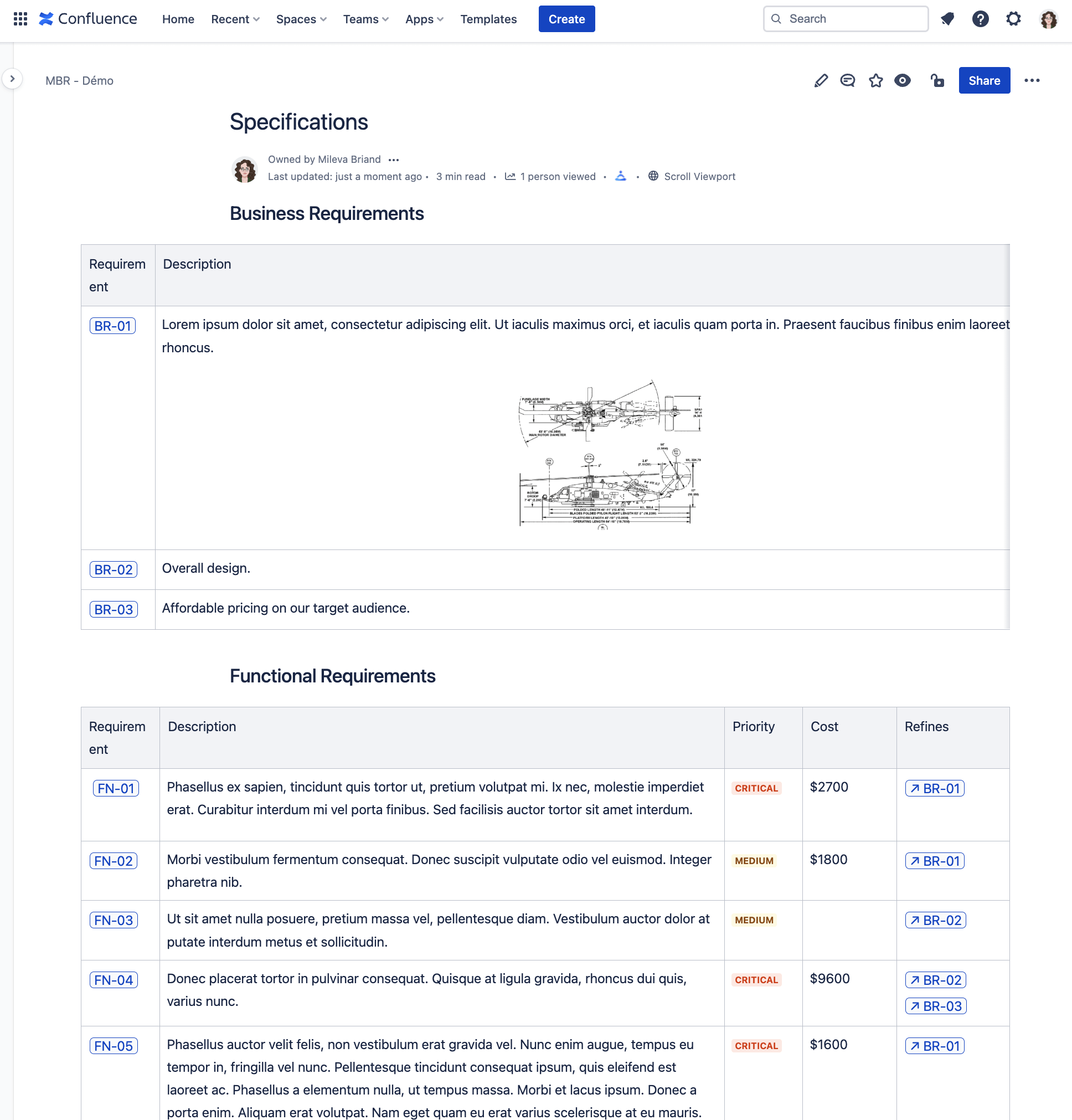 Specifications document in Confluence Cloud